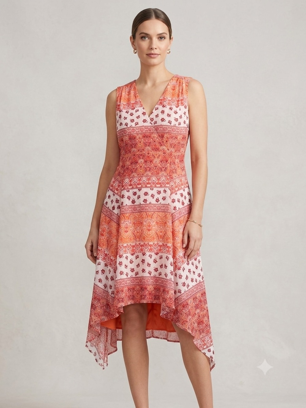 Chaps Sleeveless V-Neck Coral & White Printed Handkerchief Dress